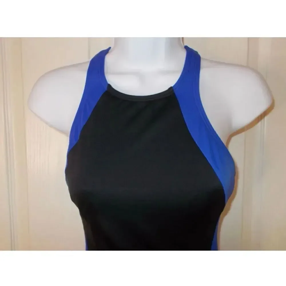 Land's End Size 12 High Neck One Piece Swimsuit Black Blue Colorblock Sporty